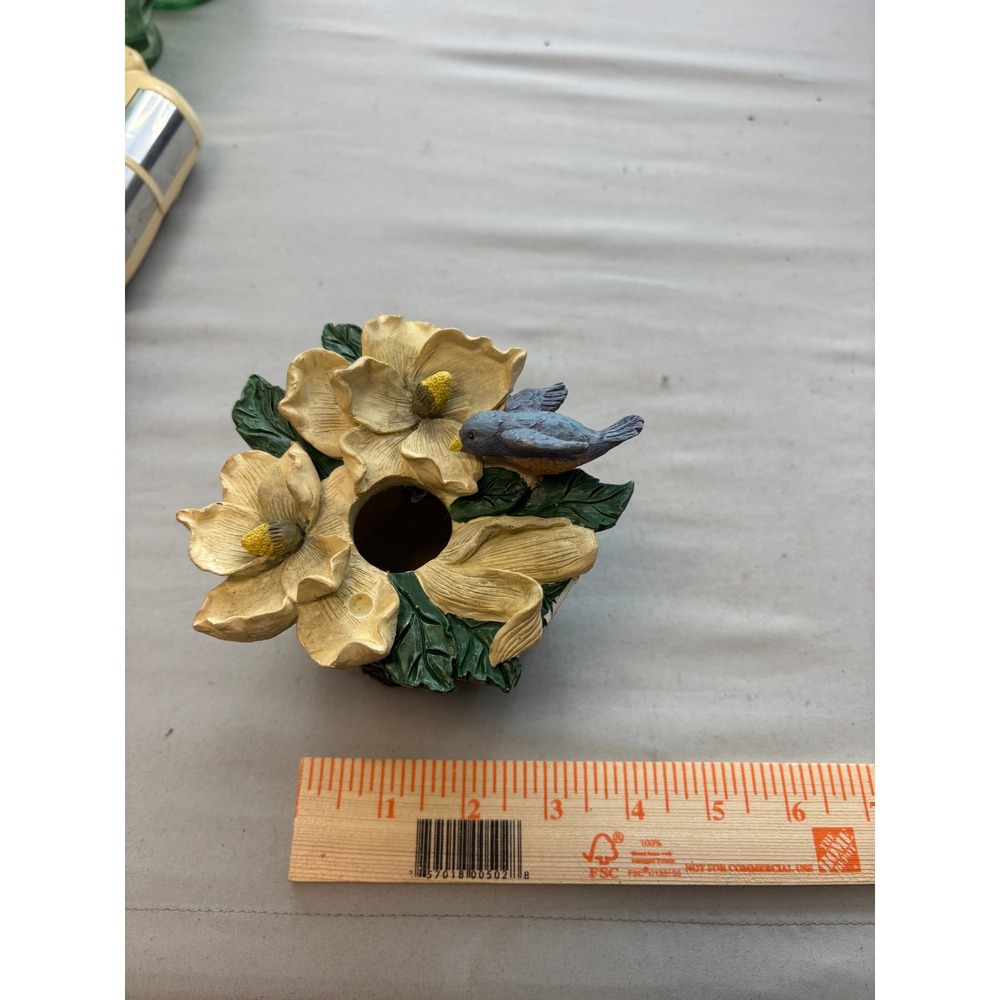 Rustic Tree Stump Birdhouse Ornament Magnolia Flowers Blue Bird Hanging Decor
